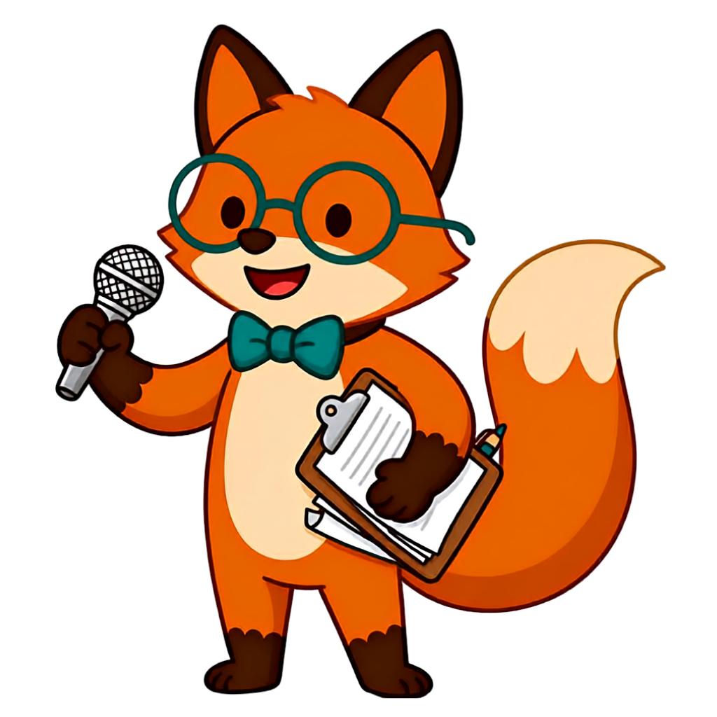 Fiz mascot hosting live trivia with a microphone and clipboard
