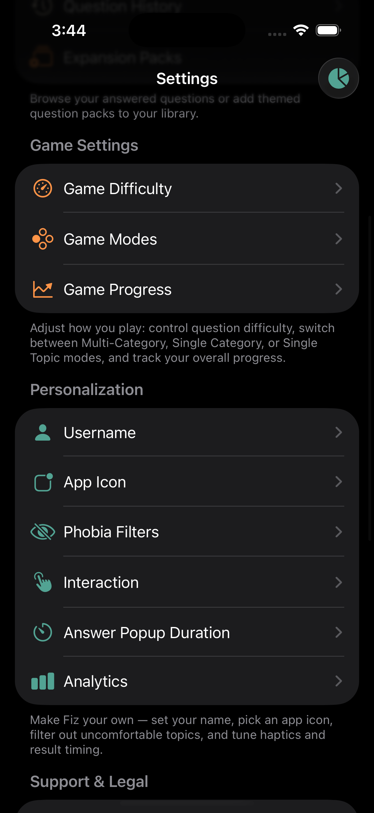Fiz personalization settings
